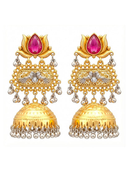 Traditional Indian Dual Two Tone Plated CZ, Pearl Studded Over-sized Jhumka Earring For Women - Maroon (SJE_332_M)