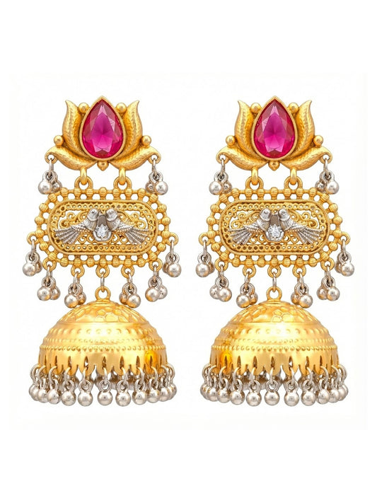 Traditional Indian Dual Two Tone Plated CZ, Pearl Studded Over-sized Jhumka Earring For Women - Maroon (SJE_332_M)