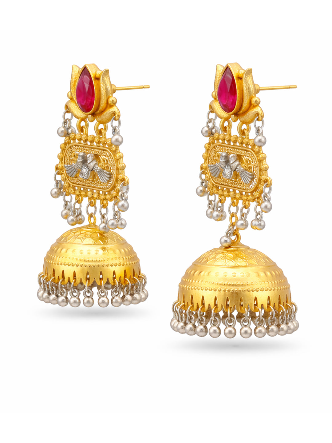 Traditional Indian Dual Two Tone Plated CZ, Pearl Studded Over-sized Jhumka Earring For Women - Maroon (SJE_332_M)