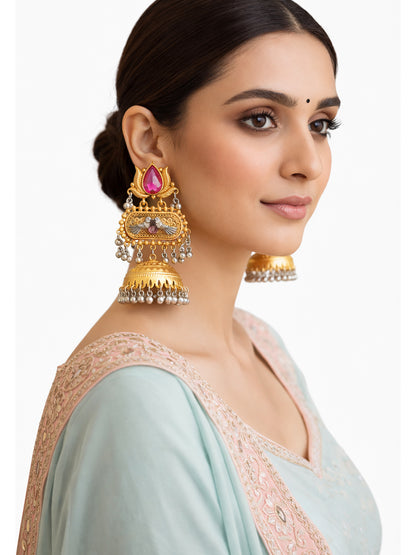 Traditional Indian Dual Two Tone Plated CZ, Pearl Studded Over-sized Jhumka Earring For Women - Maroon (SJE_332_M)