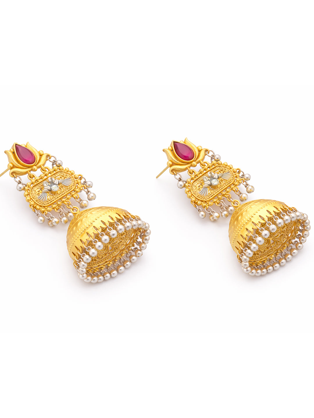 Traditional Indian Dual Two Tone Plated CZ, Pearl Studded Over-sized Jhumka Earring For Women - Maroon (SJE_332_M)