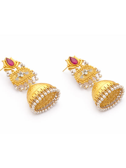 Traditional Indian Dual Two Tone Plated CZ, Pearl Studded Over-sized Jhumka Earring For Women - Maroon (SJE_332_M)