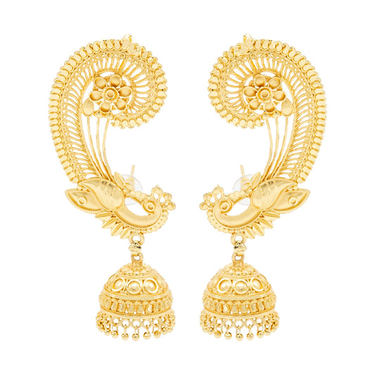 Shining Jewel - by Shivansh Traditional Matte Haram Gold-Plated Medium Sized Jhumka Earrings with Kundan & Pearl for (Brides) Women - Peacock Design (SJE.333.D1)