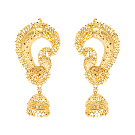 Shining Jewel - by Shivansh Traditional Matte Haram Gold-Plated Big Sized Jhumka Earrings with Kundan & Pearl for (Brides) Women - Peacock Design (SJE.333.D2)