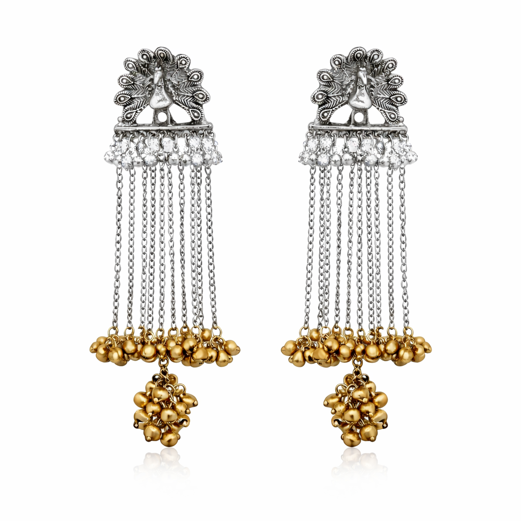 Traditional Indian Two Tone Oxidised Peacock Design Long Chain Earrings Silver Finish with Gold Ghungroo For Women (SJE_334_GS_D1)