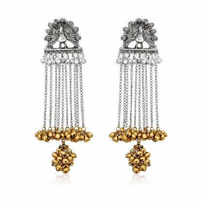 Traditional Indian Two Tone Oxidised Peacock Design Long Chain Earrings Silver Finish with Gold Ghungroo For Women (SJE_334_GS_D1)