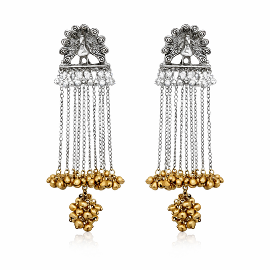 Traditional Indian Two Tone Oxidised Peacock Design Long Chain Earrings Silver Finish with Gold Ghungroo For Women (SJE_334_GS_D1)