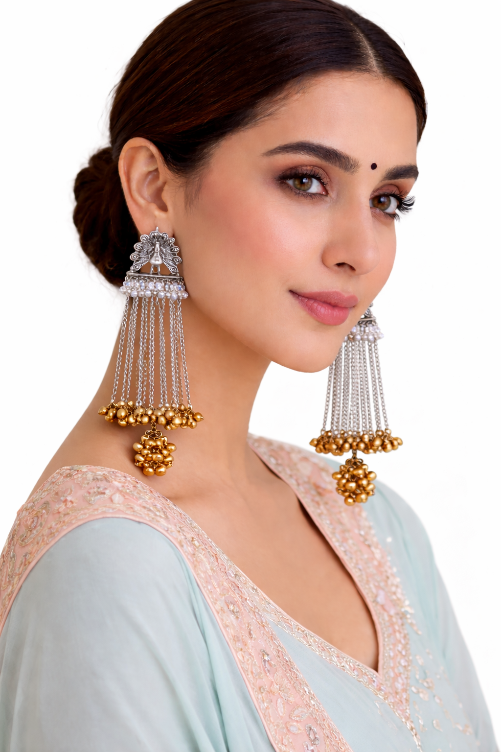 Traditional Indian Two Tone Oxidised Peacock Design Long Chain Earrings Silver Finish with Gold Ghungroo For Women (SJE_334_GS_D1)