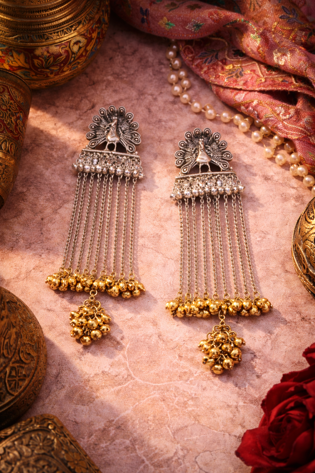 Traditional Indian Two Tone Oxidised Peacock Design Long Chain Earrings Silver Finish with Gold Ghungroo For Women (SJE_334_GS_D1)