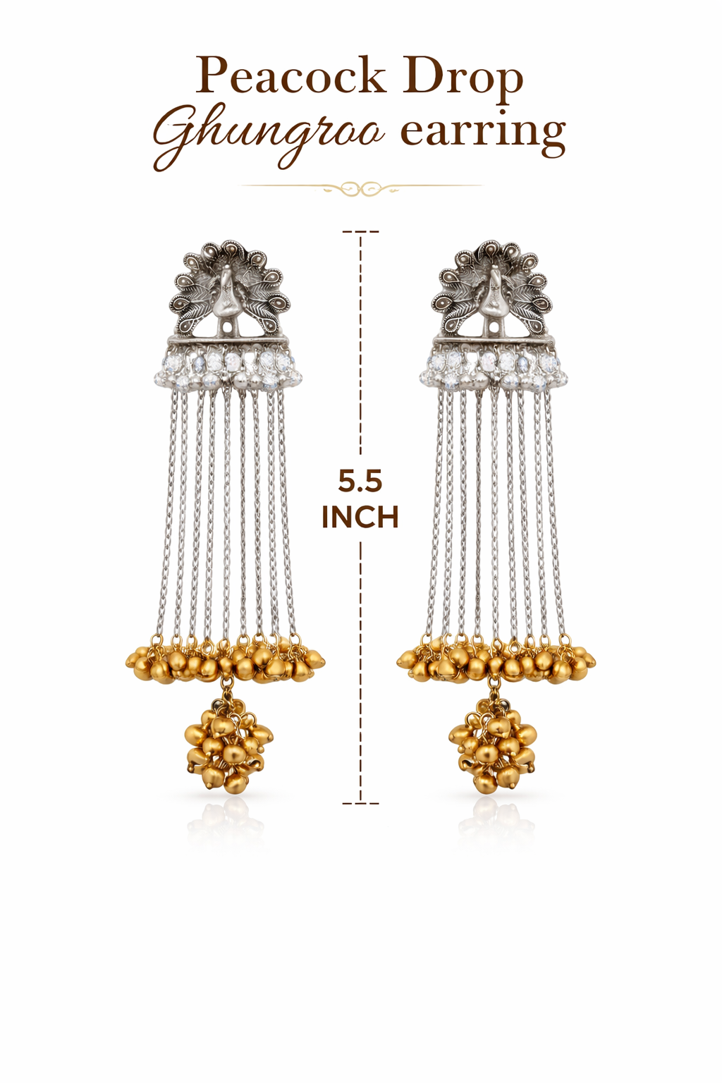 Traditional Indian Two Tone Oxidised Peacock Design Long Chain Earrings Silver Finish with Gold Ghungroo For Women (SJE_334_GS_D1)