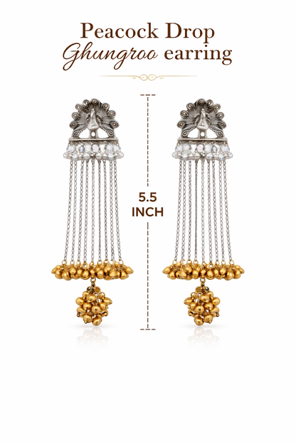 Traditional Indian Two Tone Oxidised Peacock Design Long Chain Earrings Silver Finish with Gold Ghungroo For Women (SJE_334_GS_D1)
