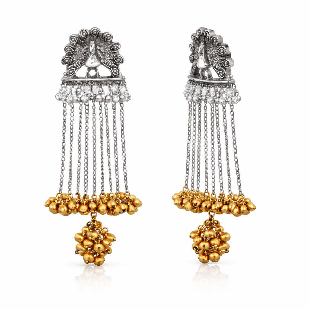 Traditional Indian Two Tone Oxidised Peacock Design Long Chain Earrings Silver Finish with Gold Ghungroo For Women (SJE_334_GS_D1)