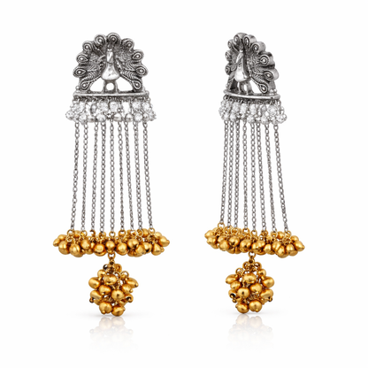 Traditional Indian Two Tone Oxidised Peacock Design Long Chain Earrings Silver Finish with Gold Ghungroo For Women (SJE_334_GS_D1)