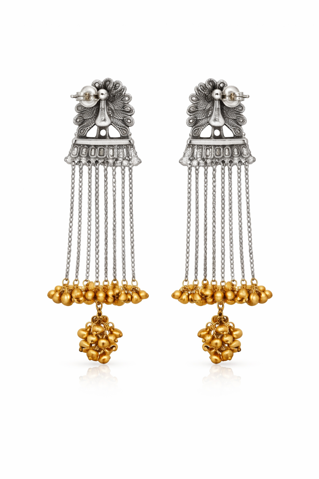 Traditional Indian Two Tone Oxidised Peacock Design Long Chain Earrings Silver Finish with Gold Ghungroo For Women (SJE_334_GS_D1)