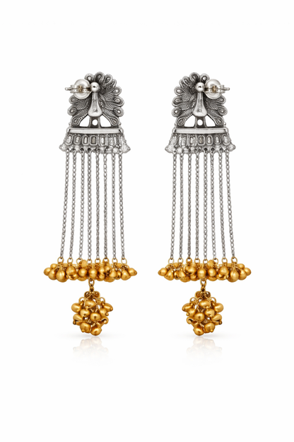 Traditional Indian Two Tone Oxidised Peacock Design Long Chain Earrings Silver Finish with Gold Ghungroo For Women (SJE_334_GS_D1)