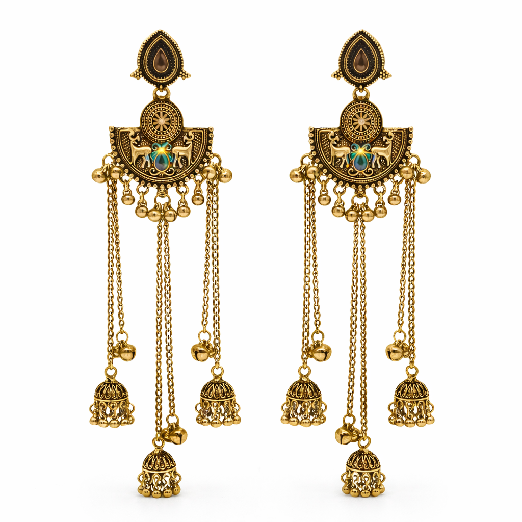 Antique Gold Oxidised Plated Long Dangler Ghungroo Jhumka Earrings with Black Stone & Chain Tassels For Women (SJE_334_G_D4)