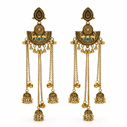 Antique Gold Oxidised Plated Long Dangler Ghungroo Jhumka Earrings with Black Stone & Chain Tassels For Women (SJE_334_G_D4)