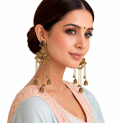 Antique Gold Oxidised Plated Long Dangler Ghungroo Jhumka Earrings with Black Stone & Chain Tassels For Women (SJE_334_G_D4)