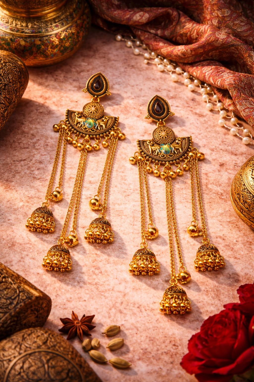 Antique Gold Oxidised Plated Long Dangler Ghungroo Jhumka Earrings with Black Stone & Chain Tassels For Women (SJE_334_G_D4)