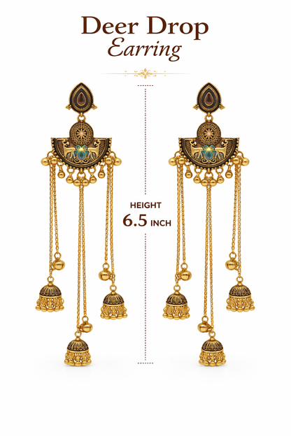 Antique Gold Oxidised Plated Long Dangler Ghungroo Jhumka Earrings with Black Stone & Chain Tassels For Women (SJE_334_G_D4)