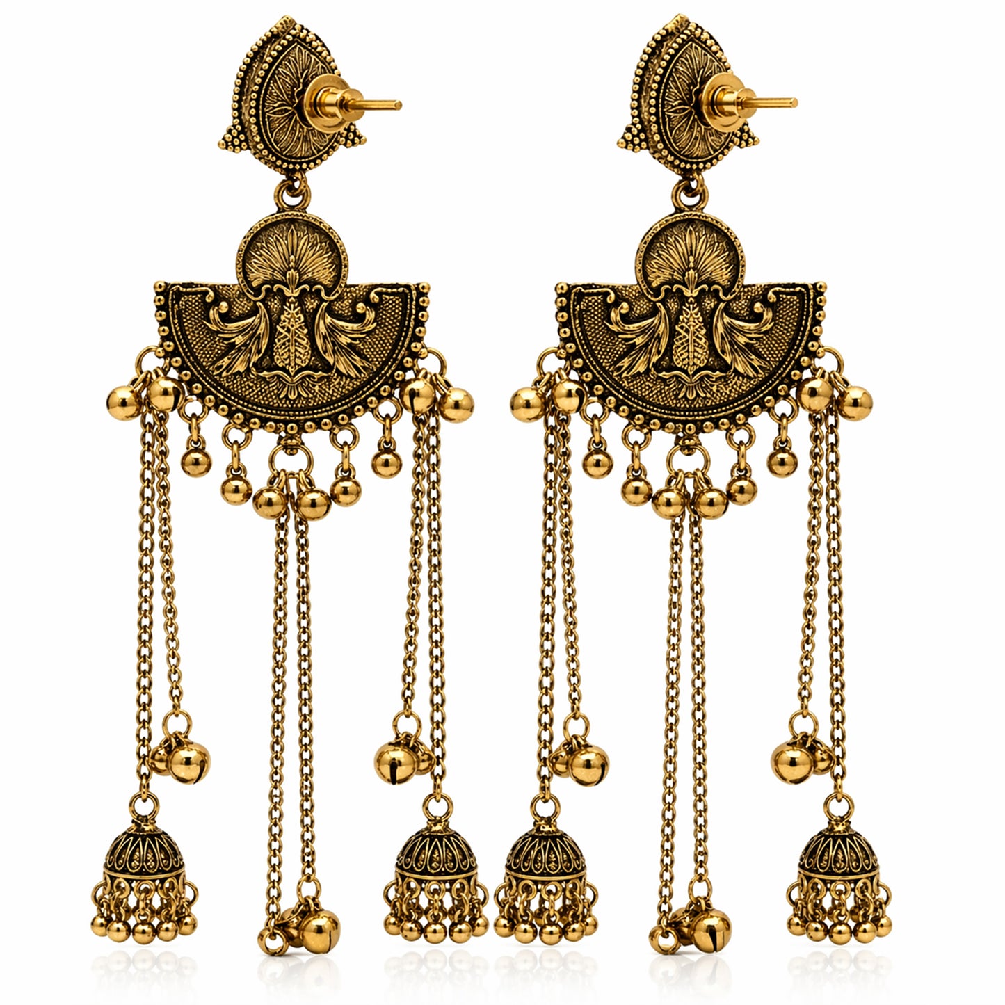 Antique Gold Oxidised Plated Long Dangler Ghungroo Jhumka Earrings with Black Stone & Chain Tassels For Women (SJE_334_G_D4)