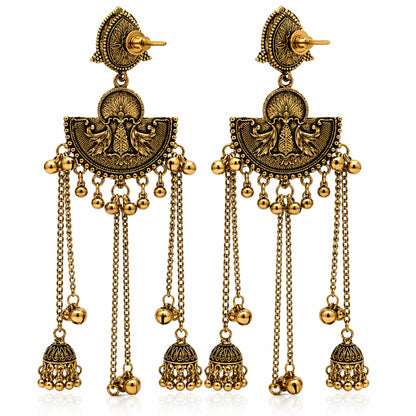 Antique Gold Oxidised Plated Long Dangler Ghungroo Jhumka Earrings with Black Stone & Chain Tassels For Women (SJE_334_G_D4)