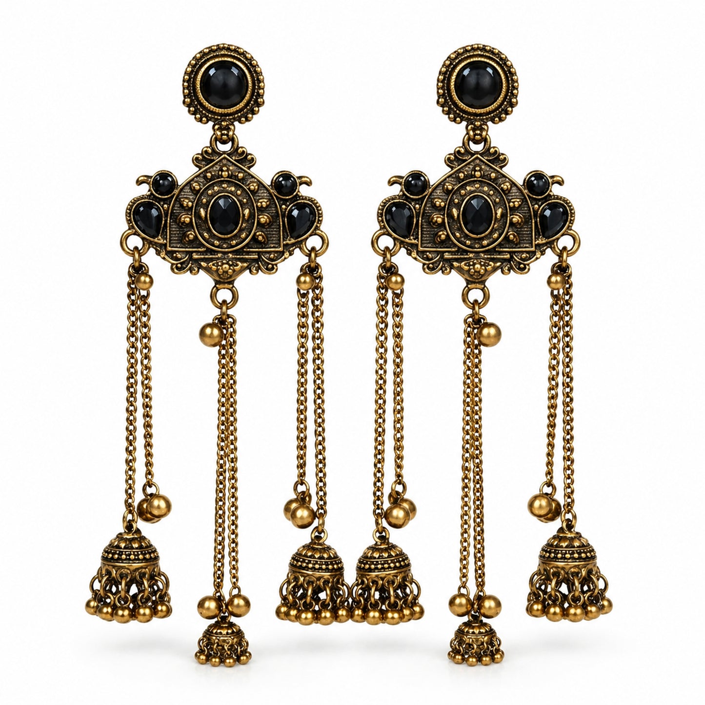 Antique Gold Oxidised Plated Long Dangler Ghungroo Jhumka Earrings with Black Stone & Chain Tassels For Women (SJE_334_G_D5)