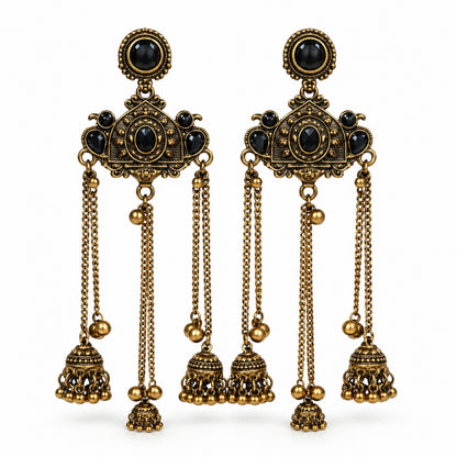 Antique Gold Oxidised Plated Long Dangler Ghungroo Jhumka Earrings with Black Stone & Chain Tassels For Women (SJE_334_G_D5)