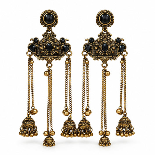 Traditional Indian Antique Gold Oxidised Plated Long Dangler Ghungroo Jhumka Earrings with Black Stone & Chain Tassels For Women (SJE_334_G_D5)