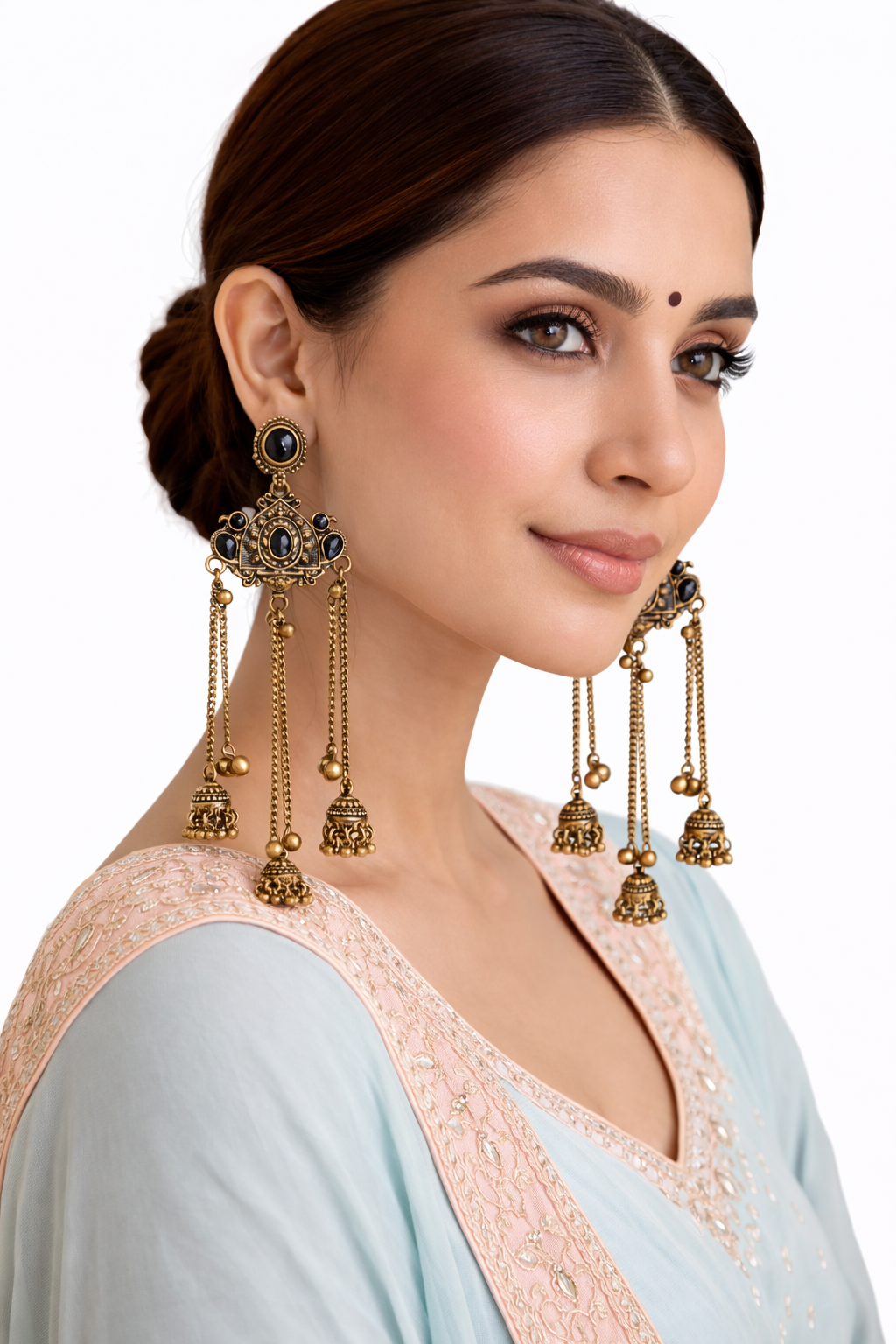 Antique Gold Oxidised Plated Long Dangler Ghungroo Jhumka Earrings with Black Stone & Chain Tassels For Women (SJE_334_G_D5)