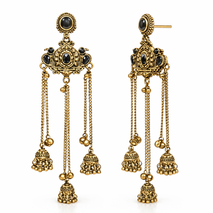 Antique Gold Oxidised Plated Long Dangler Ghungroo Jhumka Earrings with Black Stone & Chain Tassels For Women (SJE_334_G_D5)