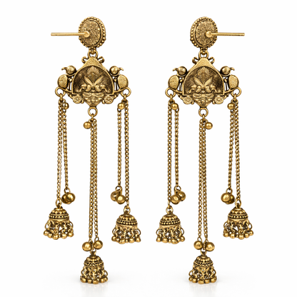 Antique Gold Oxidised Plated Long Dangler Ghungroo Jhumka Earrings with Black Stone & Chain Tassels For Women (SJE_334_G_D5)