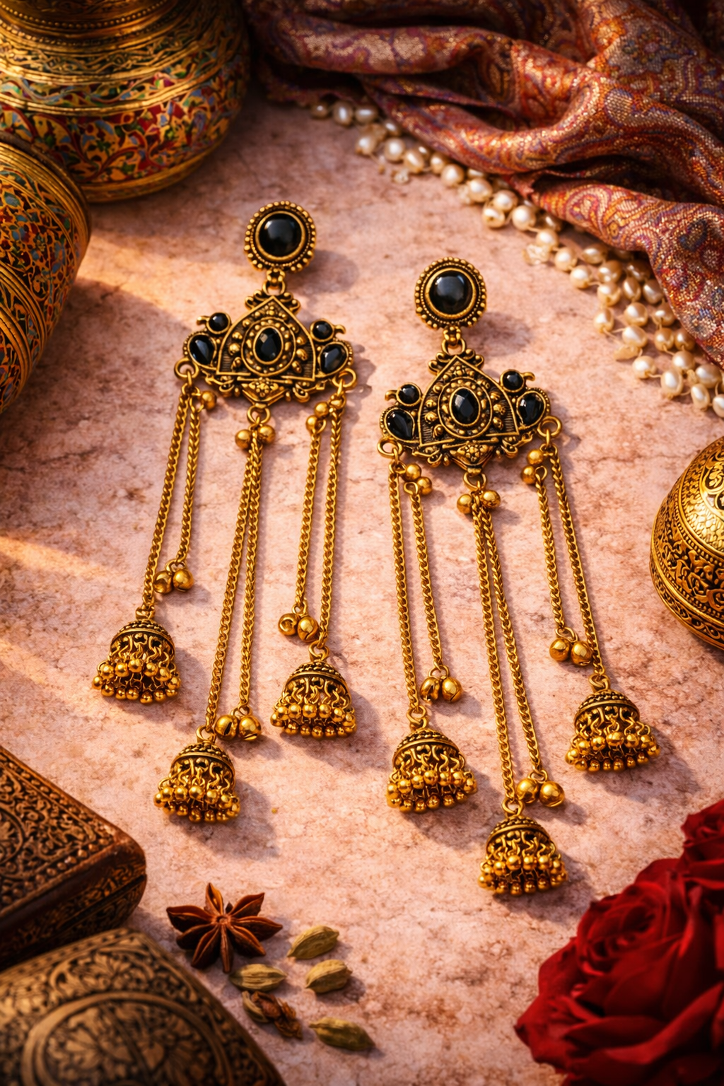 Antique Gold Oxidised Plated Long Dangler Ghungroo Jhumka Earrings with Black Stone & Chain Tassels For Women (SJE_334_G_D5)