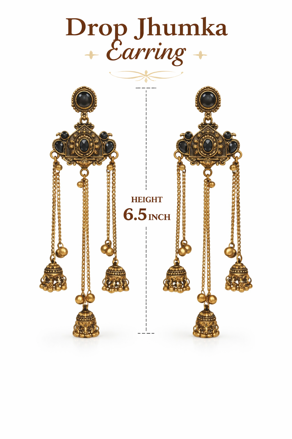 Antique Gold Oxidised Plated Long Dangler Ghungroo Jhumka Earrings with Black Stone & Chain Tassels For Women (SJE_334_G_D5)