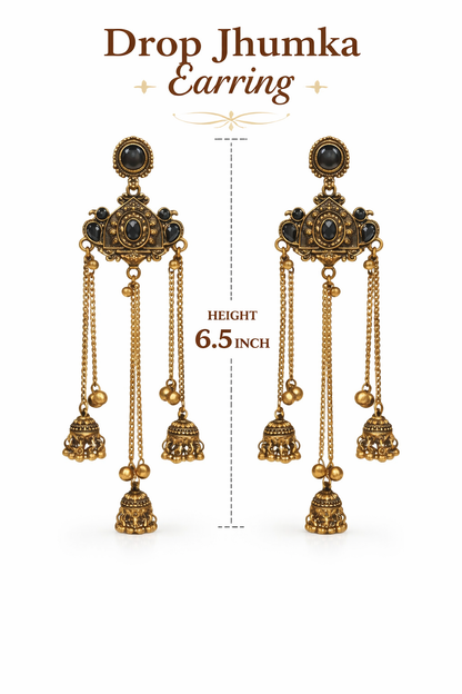Antique Gold Oxidised Plated Long Dangler Ghungroo Jhumka Earrings with Black Stone & Chain Tassels For Women (SJE_334_G_D5)