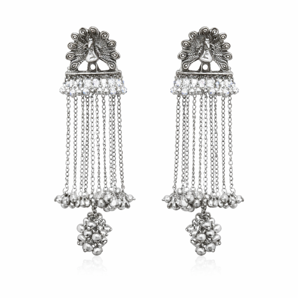 Antique Silver Oxidised Tone Peacock Design Long Drop Dangler Earrings with Chain Tassels For Women (SJE_334_S_D1)