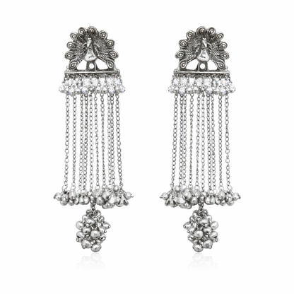 Antique Silver Oxidised Tone Peacock Design Long Drop Dangler Earrings with Chain Tassels For Women (SJE_334_S_D1)