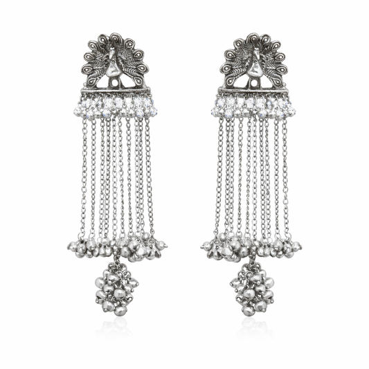 Antique Silver Oxidised Tone Peacock Design Long Drop Dangler Earrings with Chain Tassels For Women (SJE_334_S_D1)