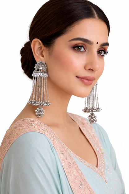 Antique Silver Oxidised Tone Peacock Design Long Drop Dangler Earrings with Chain Tassels For Women (SJE_334_S_D1)