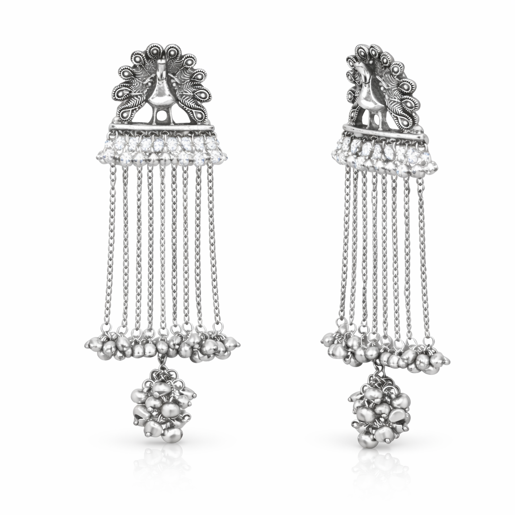 Antique Silver Oxidised Tone Peacock Design Long Drop Dangler Earrings with Chain Tassels For Women (SJE_334_S_D1)