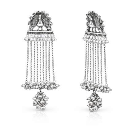 Antique Silver Oxidised Tone Peacock Design Long Drop Dangler Earrings with Chain Tassels For Women (SJE_334_S_D1)