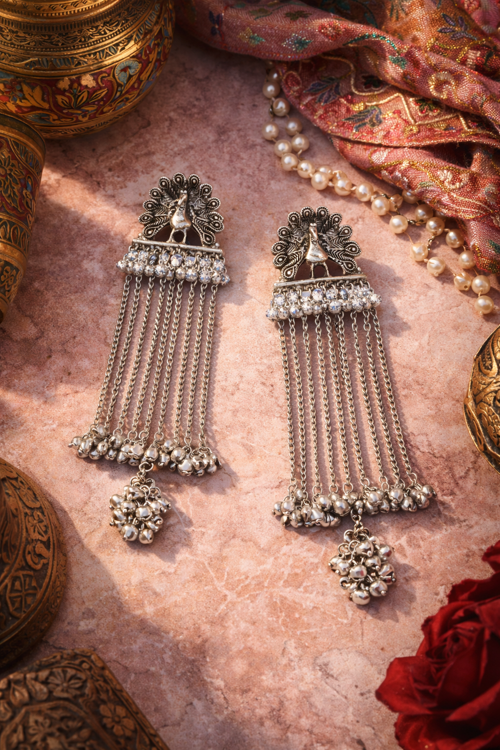 Antique Silver Oxidised Tone Peacock Design Long Drop Dangler Earrings with Chain Tassels For Women (SJE_334_S_D1)