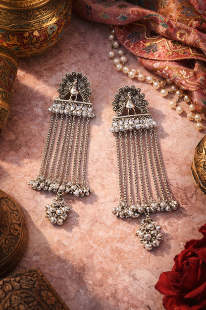 Antique Silver Oxidised Tone Peacock Design Long Drop Dangler Earrings with Chain Tassels For Women (SJE_334_S_D1)