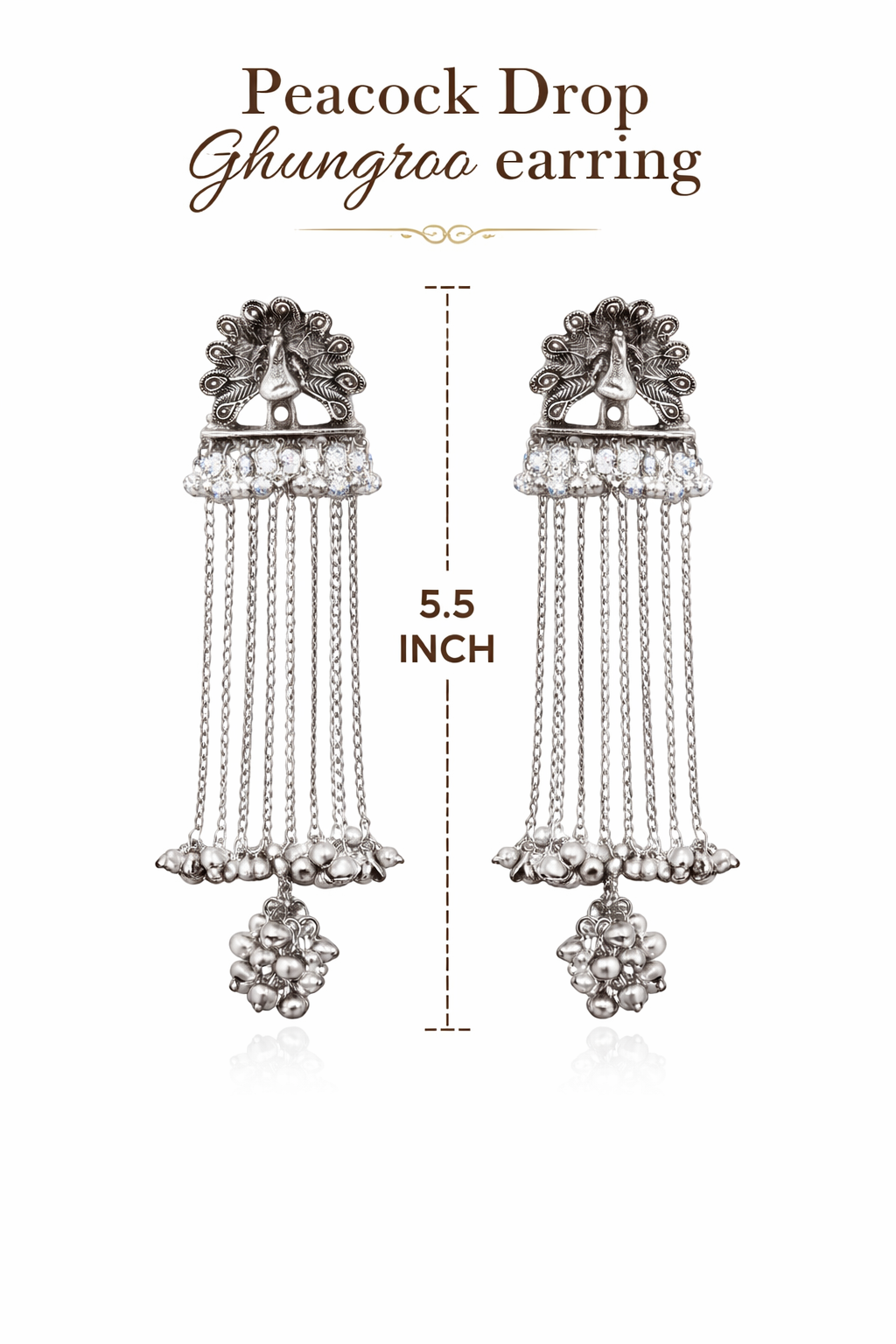 Antique Silver Oxidised Tone Peacock Design Long Drop Dangler Earrings with Chain Tassels For Women (SJE_334_S_D1)