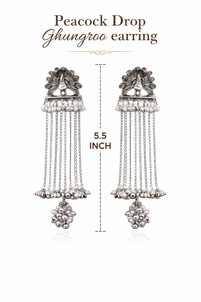 Antique Silver Oxidised Tone Peacock Design Long Drop Dangler Earrings with Chain Tassels For Women (SJE_334_S_D1)
