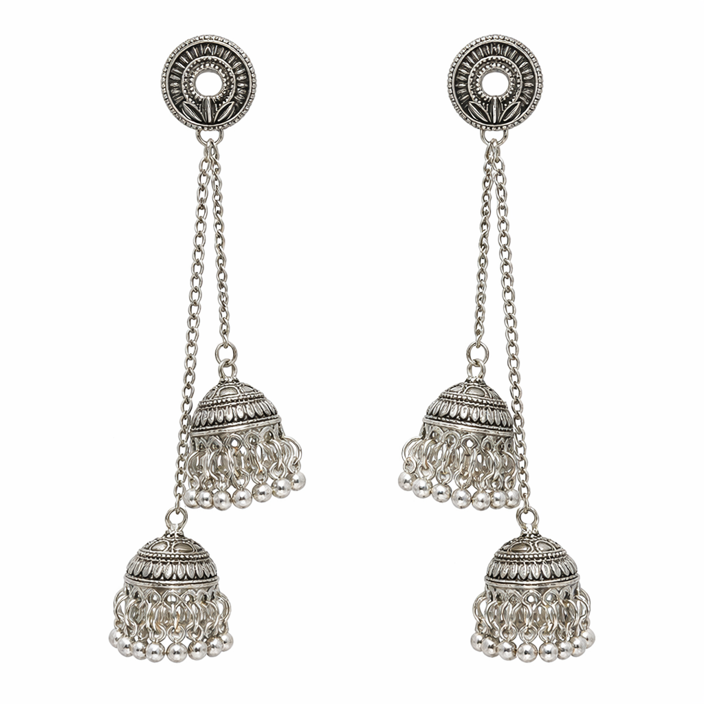 Antique Silver Oxidised Tone Plated Long Drop Chain Double Jhumka Earrings with Round Stud & Ghungroo For Women (SJE_334_S_D2)