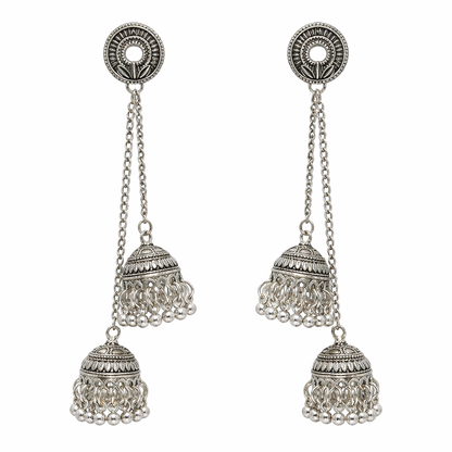 Antique Silver Oxidised Tone Plated Long Drop Chain Double Jhumka Earrings with Round Stud & Ghungroo For Women (SJE_334_S_D2)