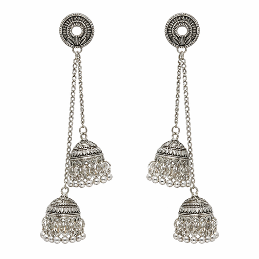 Antique Silver Oxidised Tone Plated Long Drop Chain Double Jhumka Earrings with Round Stud & Ghungroo For Women (SJE_334_S_D2)