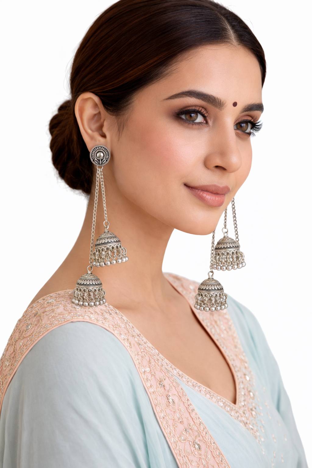Antique Silver Oxidised Tone Plated Long Drop Chain Double Jhumka Earrings with Round Stud & Ghungroo For Women (SJE_334_S_D2)