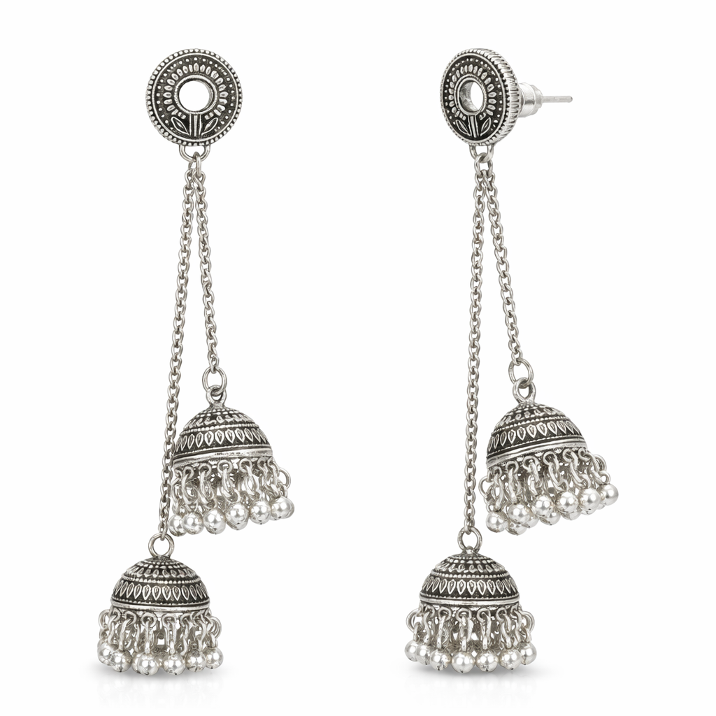 Antique Silver Oxidised Tone Plated Long Drop Chain Double Jhumka Earrings with Round Stud & Ghungroo For Women (SJE_334_S_D2)